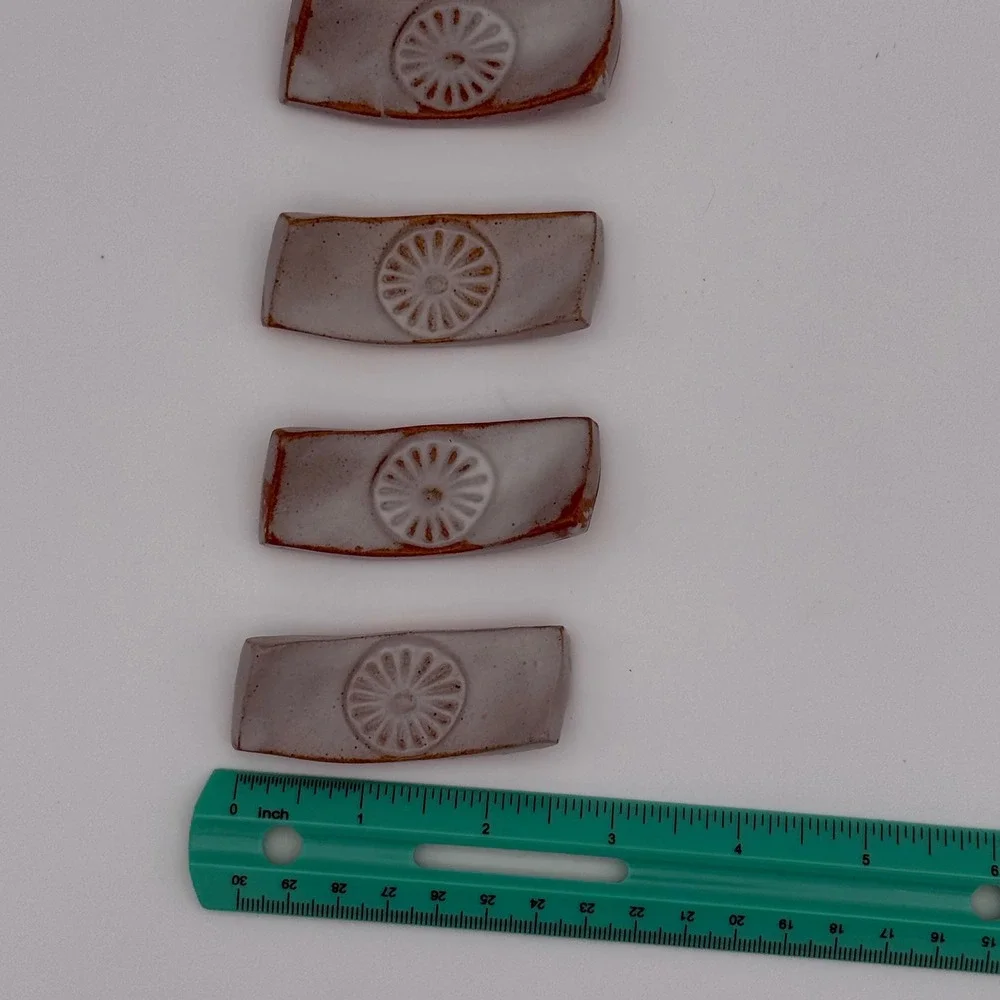 4 Handmade Stoneware Chopstick Rests –‎ Rustic Floral Medallion, Greige Glaze